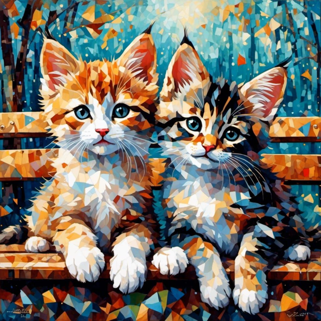 Kitten Sisters on Park Bench in Crystal Cubism Style