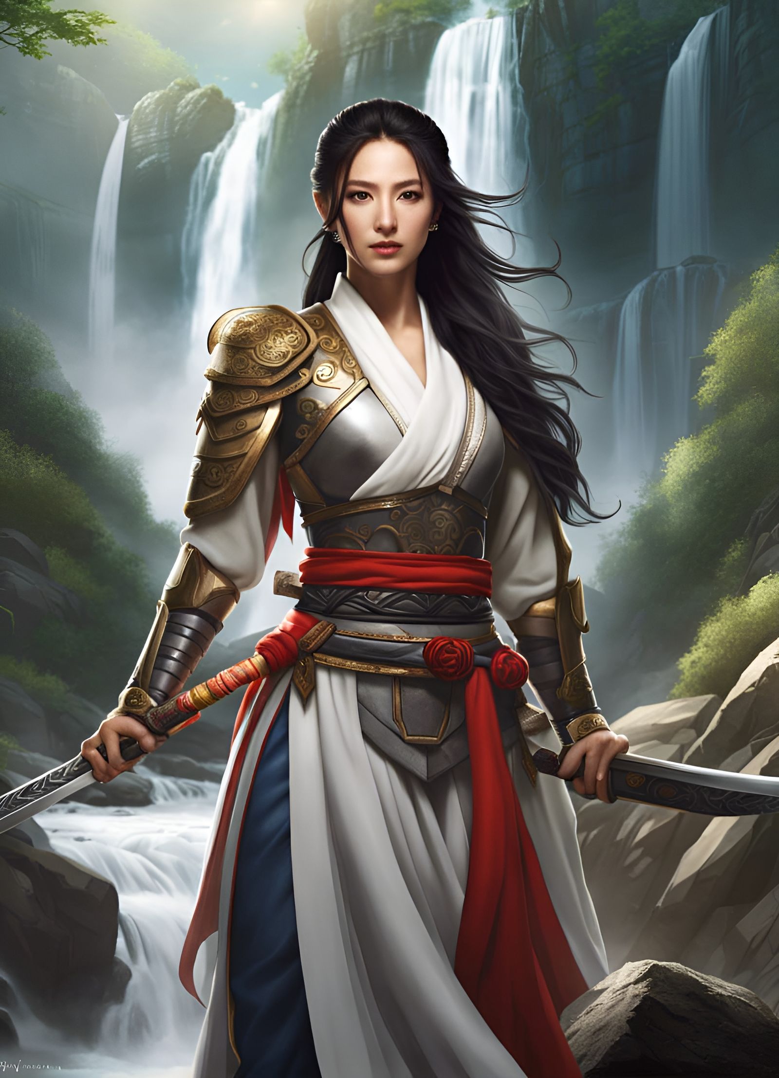 Beautiful Korean Warrior Woman by Waterfall