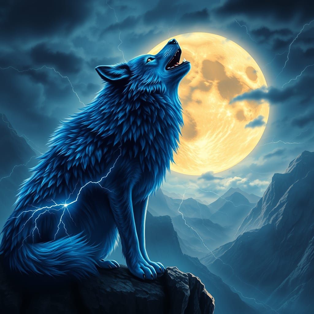 Electric-Blue Wolf Howling at Moon, Digital Art