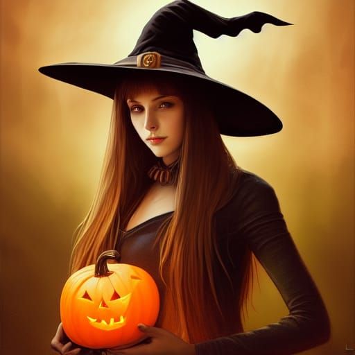 Witch with Jack-o'-Lantern Portrait in Art Nouveau Style