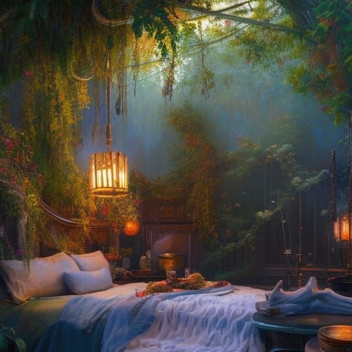 Inviting Treehouse Interior in Oil Painting Style