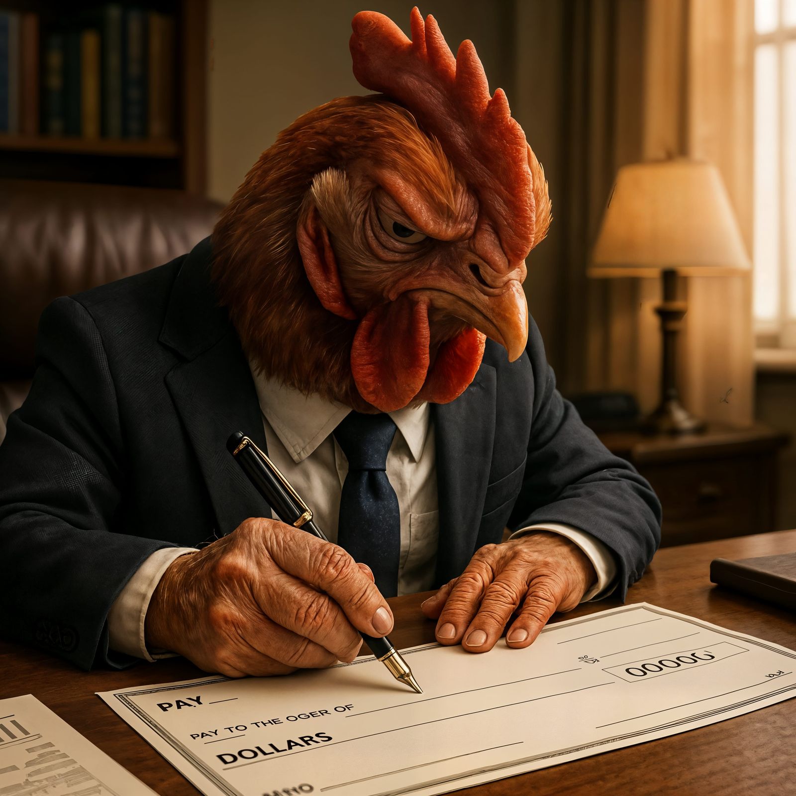 CGI Chicken Businessman Writes a Check