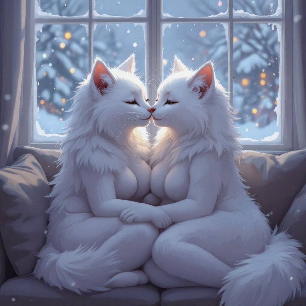 Two Furry Catgirls Kissing on Sofa in Digital Painting