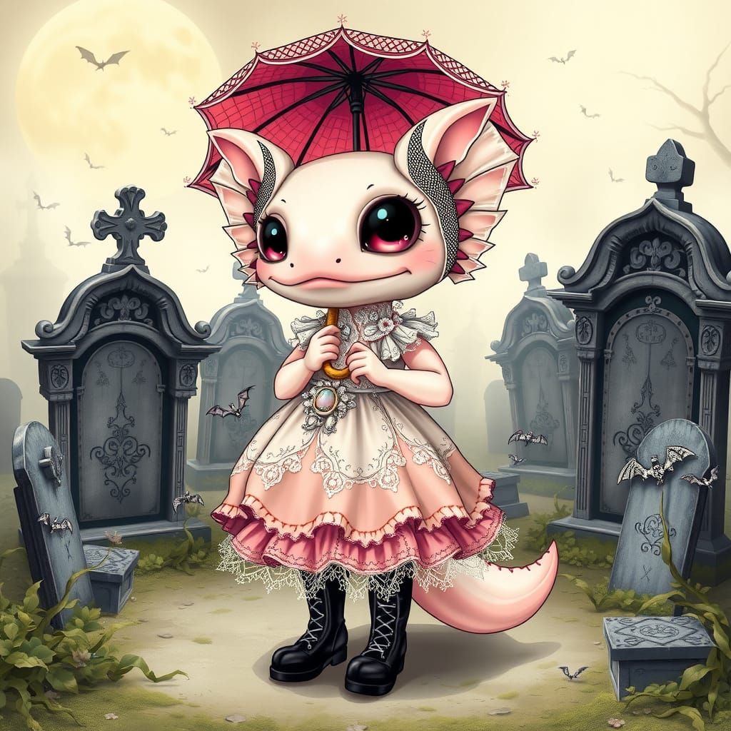 Delicate Axolotl in Kawaii Gothic Victorian Dress