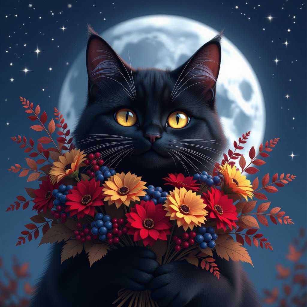 Black Cat With Autumn Bouquet on Starry Night