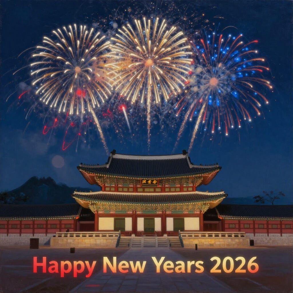 Gyeongbokgung Palace at Night: New Year Fireworks Oil Painti...