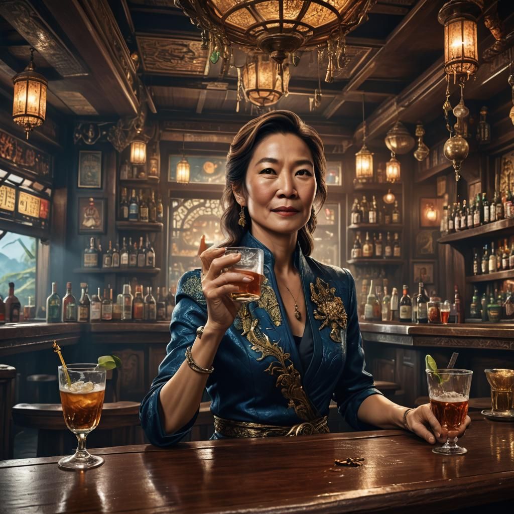 Michelle Yeoh at a Trinidad Bar, Digital Painting