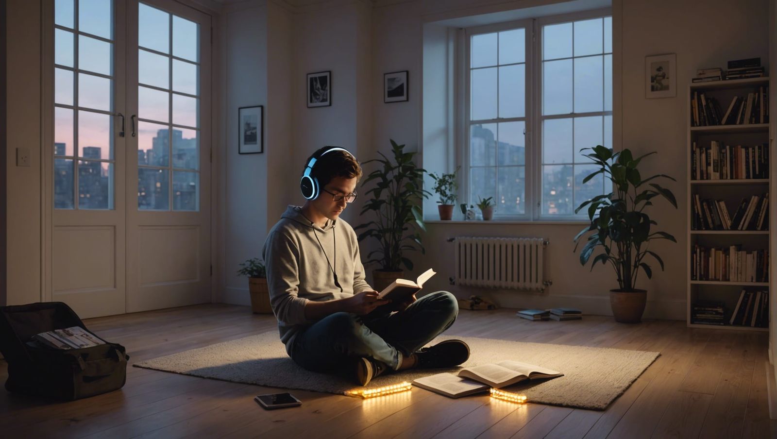 Person with LED Headphones Reading: 3D Render