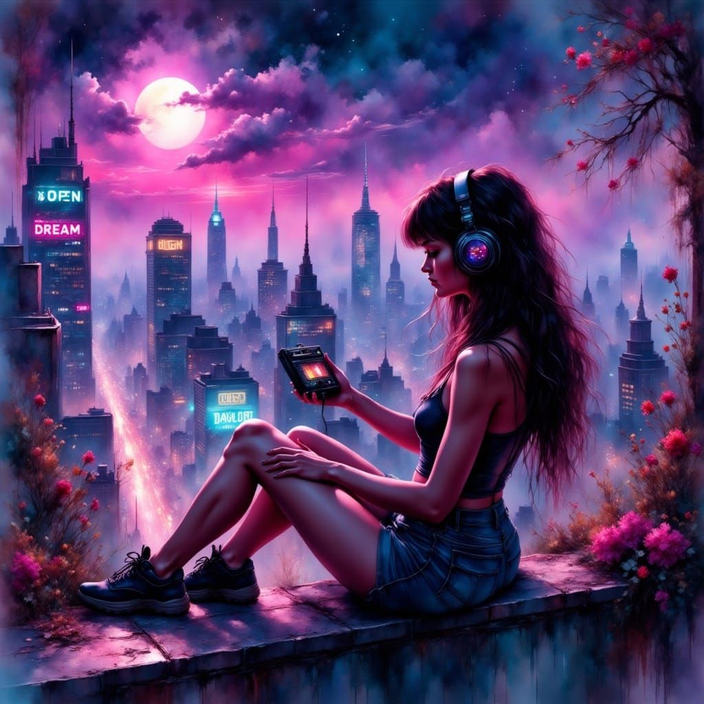 Synthwave Woman Overlooking Retro Cityscape at Night