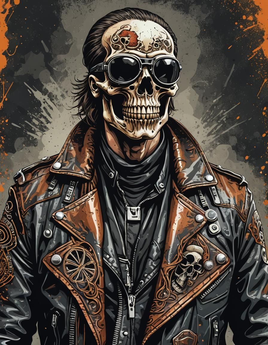 Gritty Gothic Biker Skull in Vintage Punk Rock Style