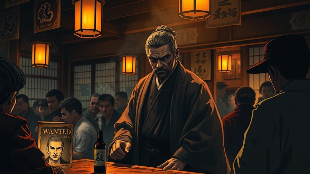 Ronin Enters Tavern in Traditional Japanese Art Style