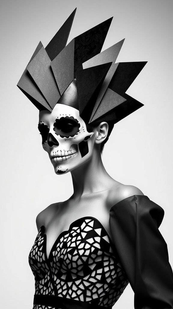 Geometric Sugar Skull Model in Dadaist Fashion Photo