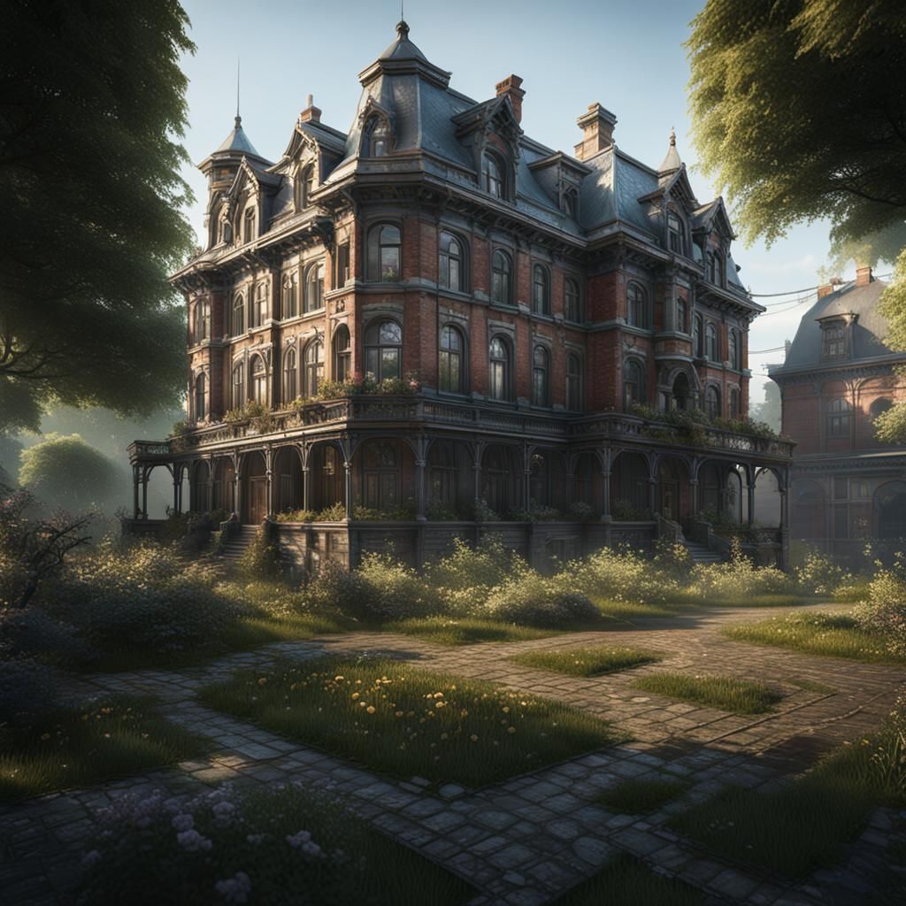 Victorian Mansion Surrounded by Industry: 3D Render