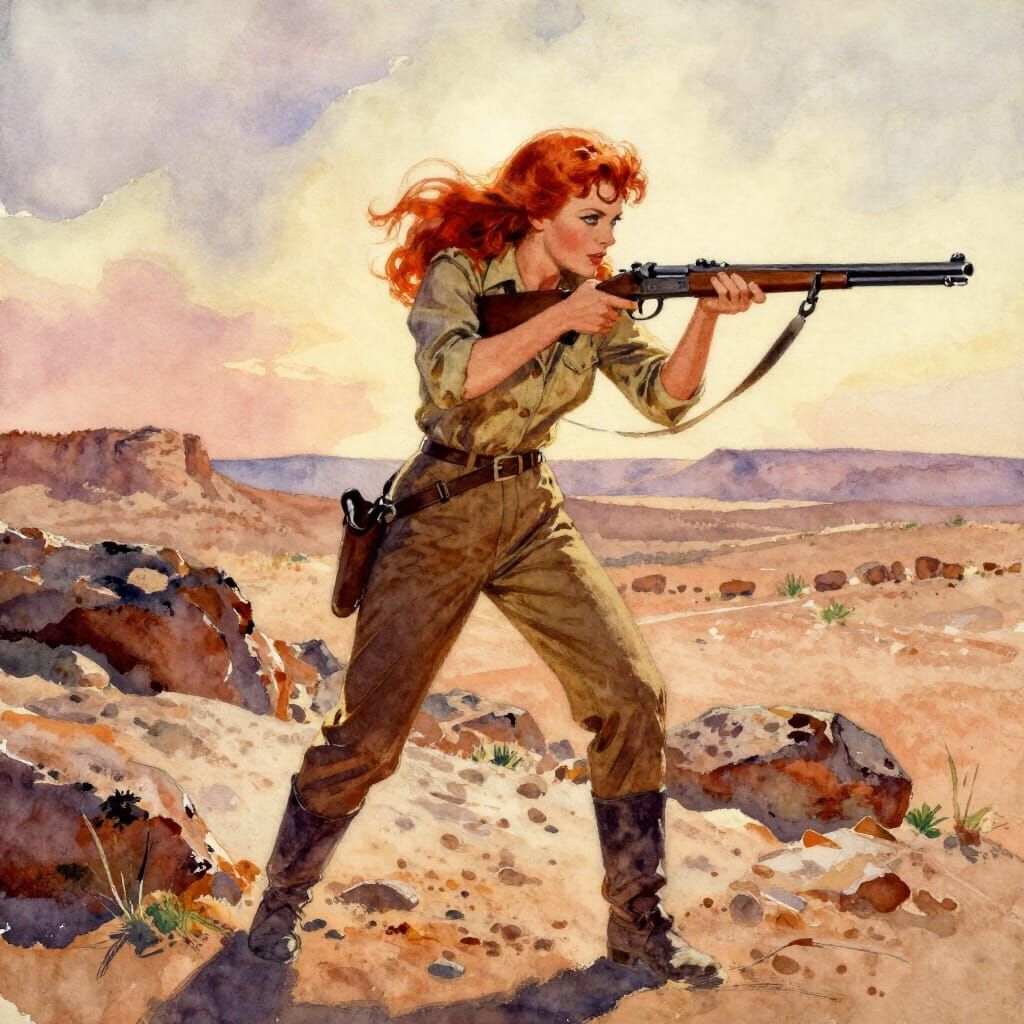 Woman with Fire Hair Aims Rifle in Desert Dawn