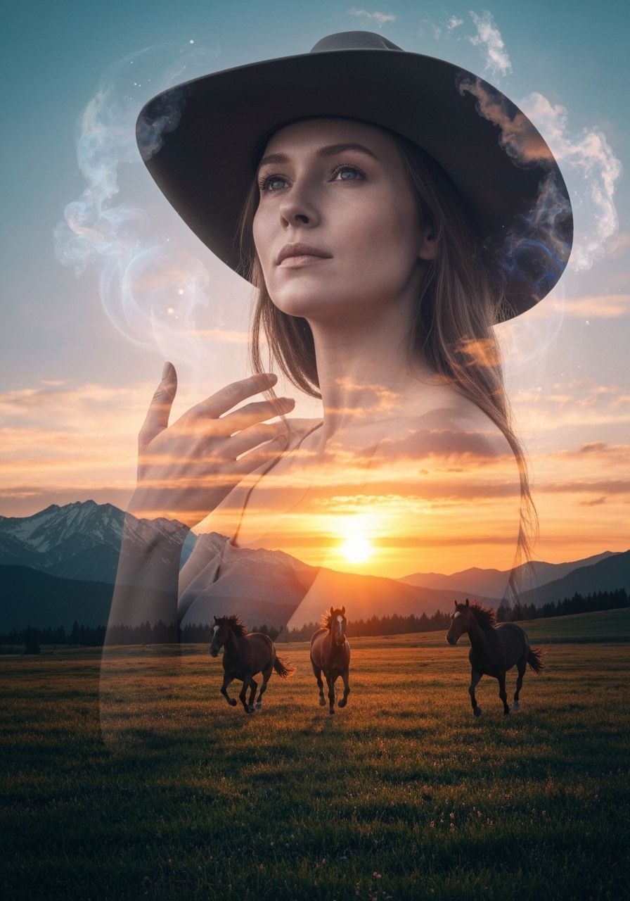 Double Exposure: Woman and Sunset Landscape