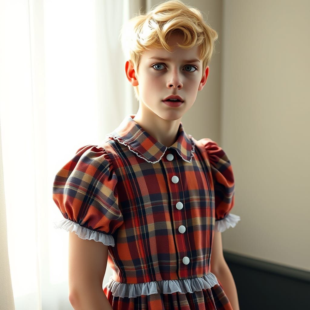 Masculine Blonde Man in Vibrant Plaid Dress, Layers of Petti...