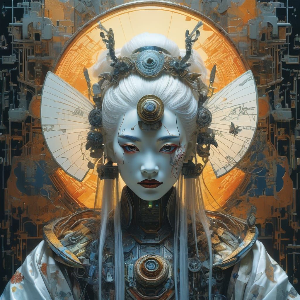 Ethereal Android Geisha in a Futuristic Repairshop