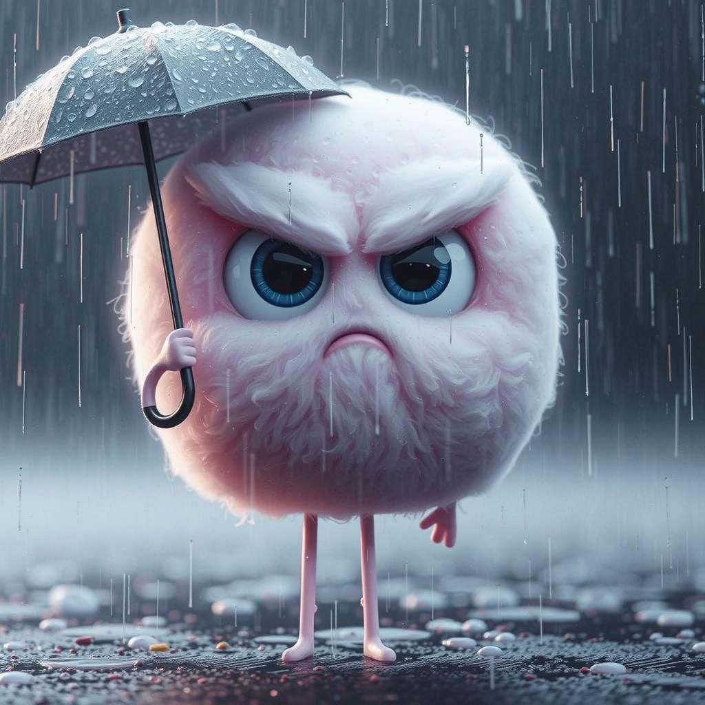 Annoyed Cotton Candy Character in Rainy Surreal Scene