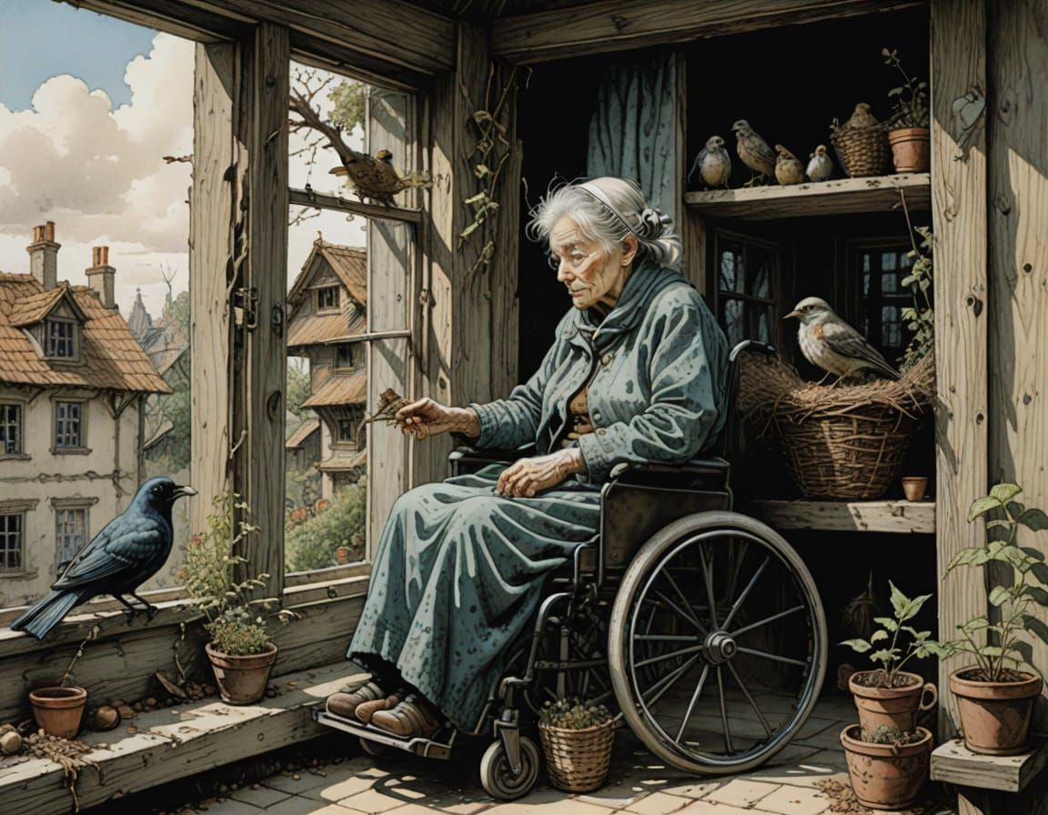 Hyperrealistic Scene of Elderly Woman Watching Bird Family o...