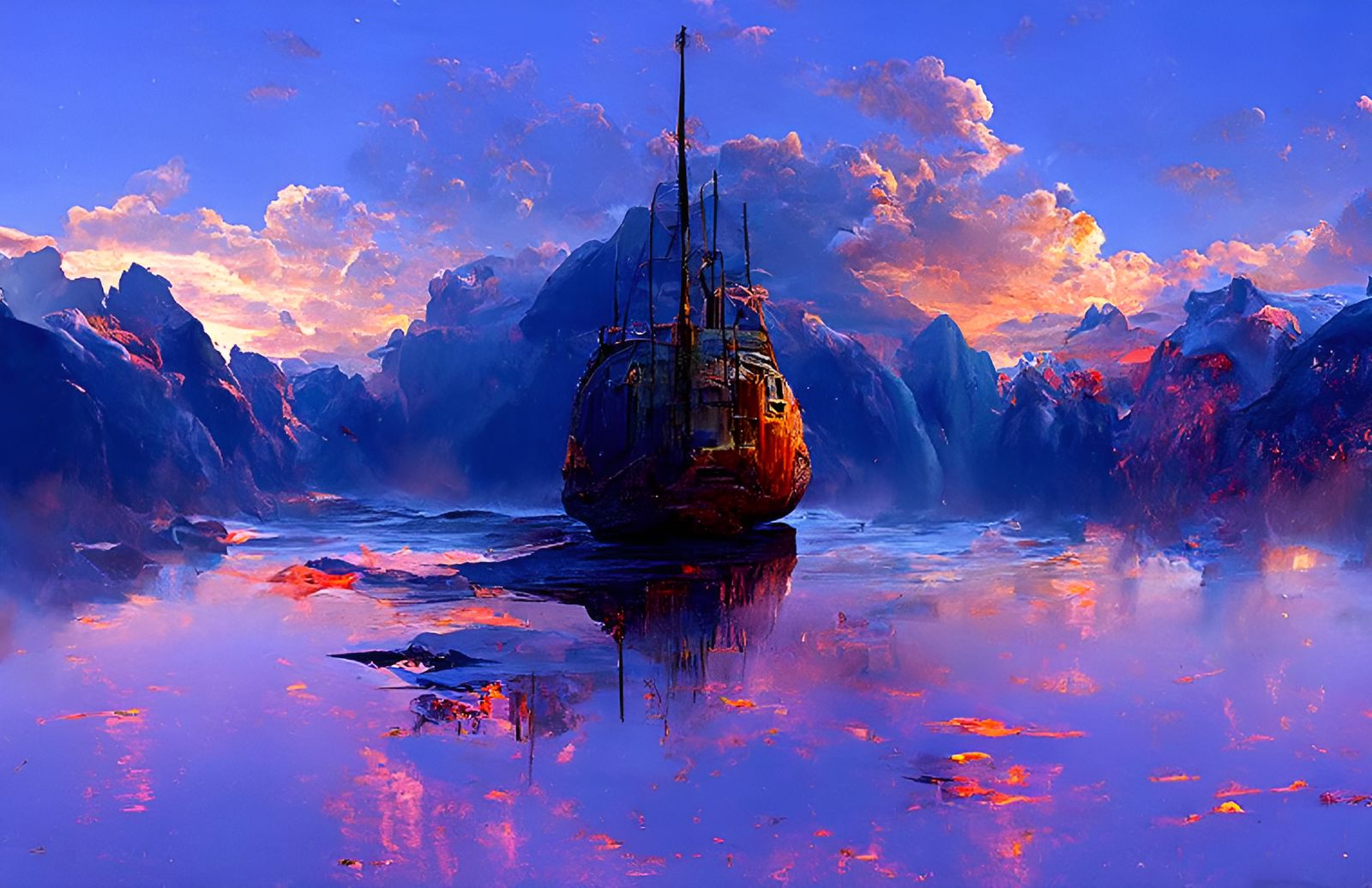 Ship Sails on Dark Seas: Hyperrealistic Painting