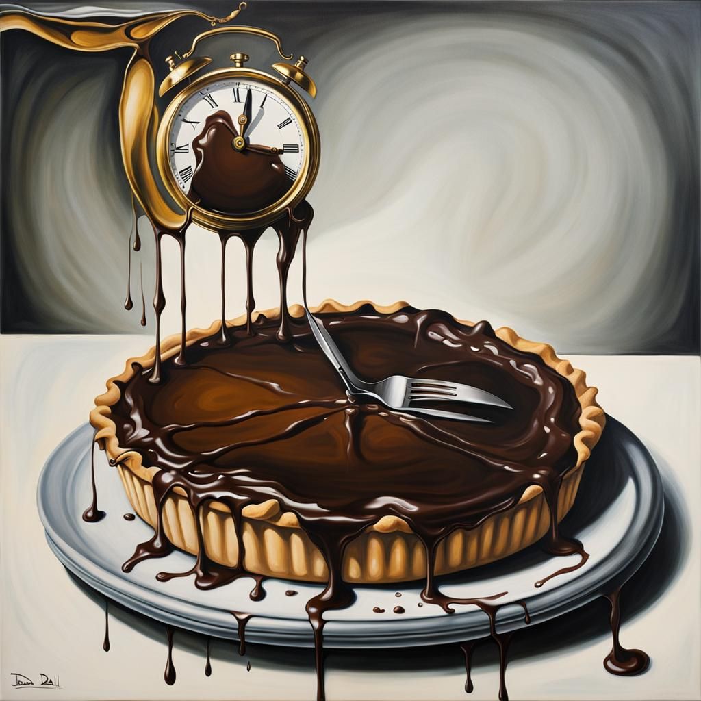 Clock Melts Into Pie: A Surreal Oil Painting