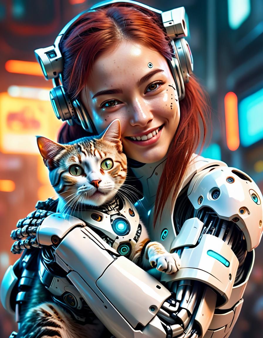 Girl Hugging Cybernetic Kitty in Cyberpunk Style