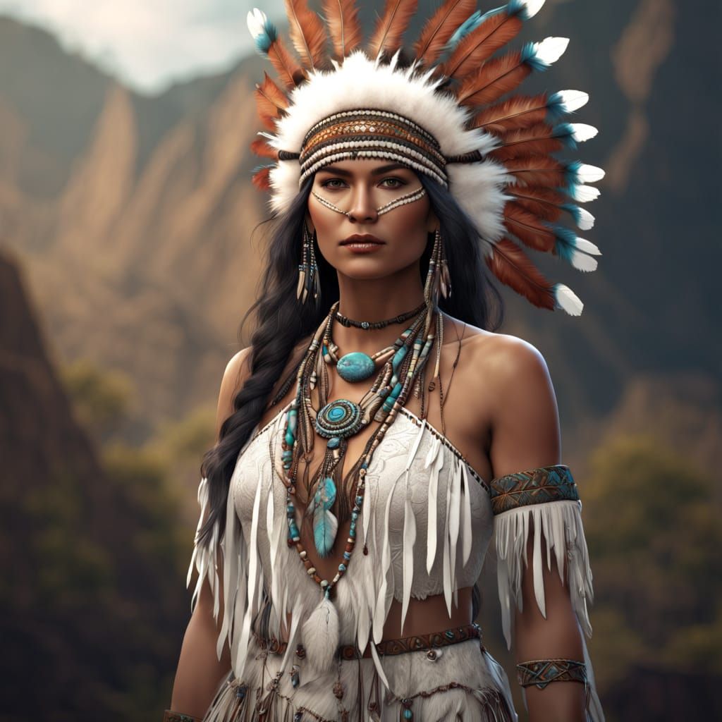 Surreal Native American Goddess in Vibrant Buckskin Regalia