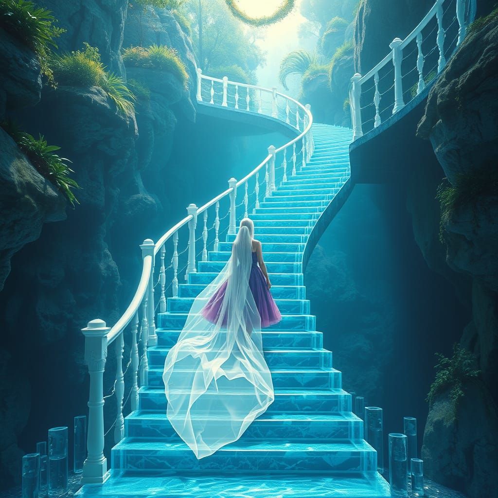 Enchanted Garden: Water Staircase in Astral Illustration