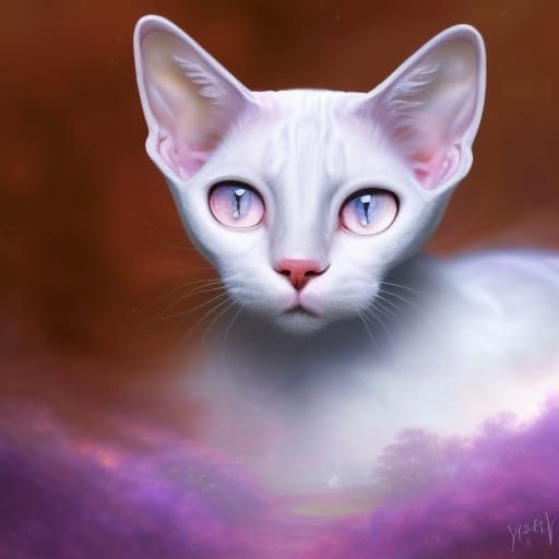 White Devon Rex cat with adorable face& lovable eyes& purple background& ethereal vibes