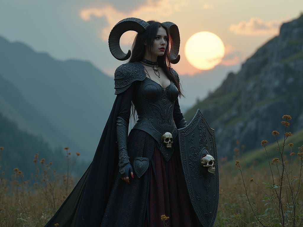 Gothic Warrior Maiden in Dark Alpine Landscape