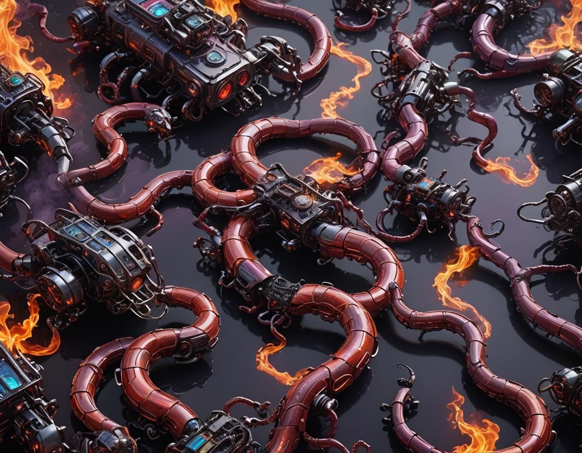 Red Smoke Snake Robots in Sci-Fi Style