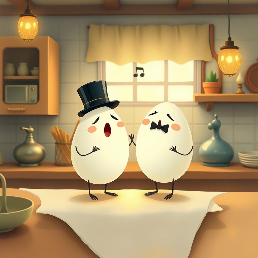 Eggs Sing Duet in Cozy Kitchen, Watercolor Style