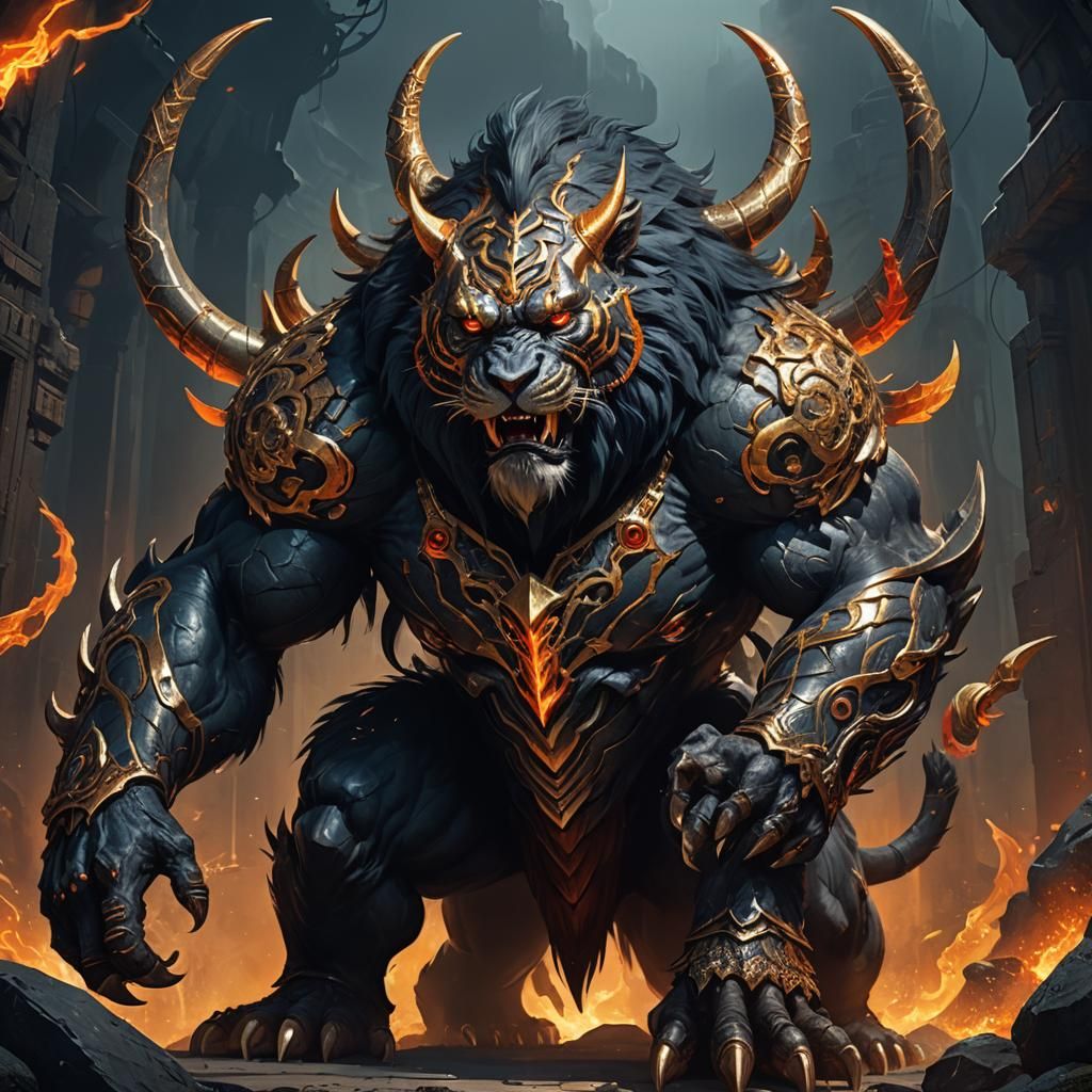 Iron Tiger-Gorilla Hybrid with Horns and Fiery Mane