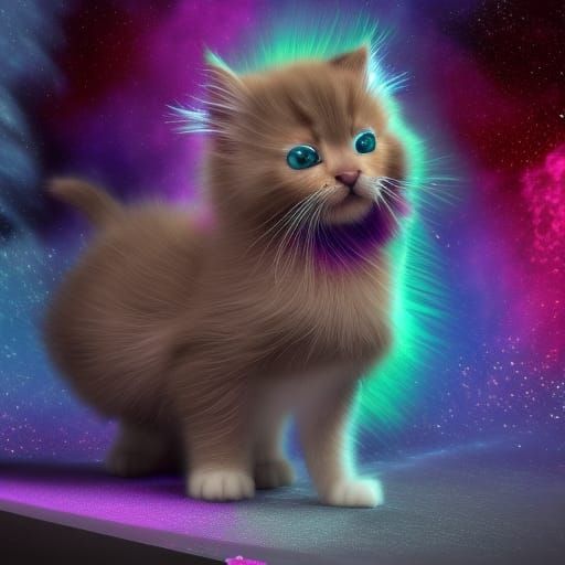 Magical tiny fluffy kitten, colorful