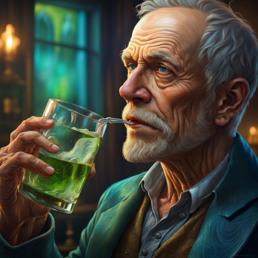 Hyperrealistic Portrait: Old Man Drinking Absinthe