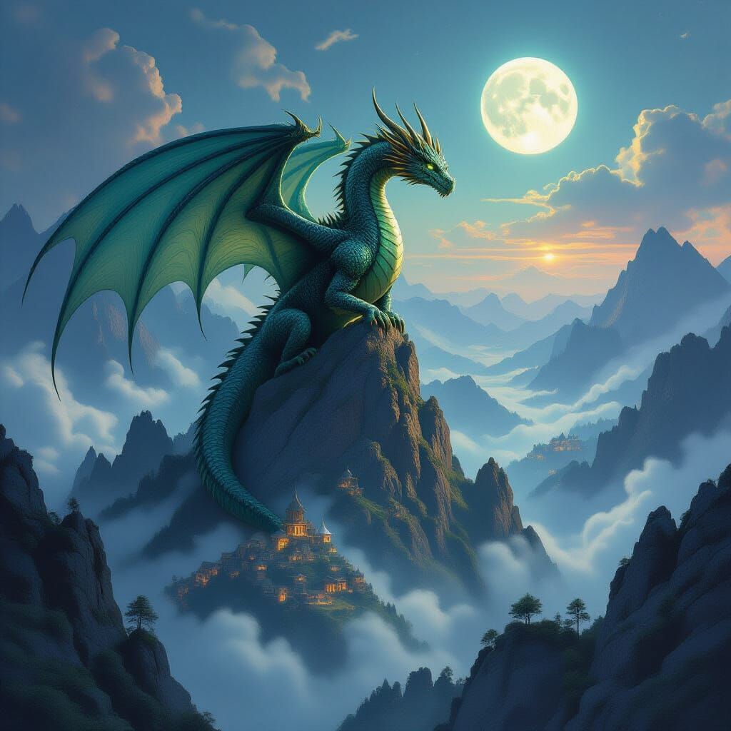 Ancient Dragon on Mountain Peak in Epic Fantasy Style