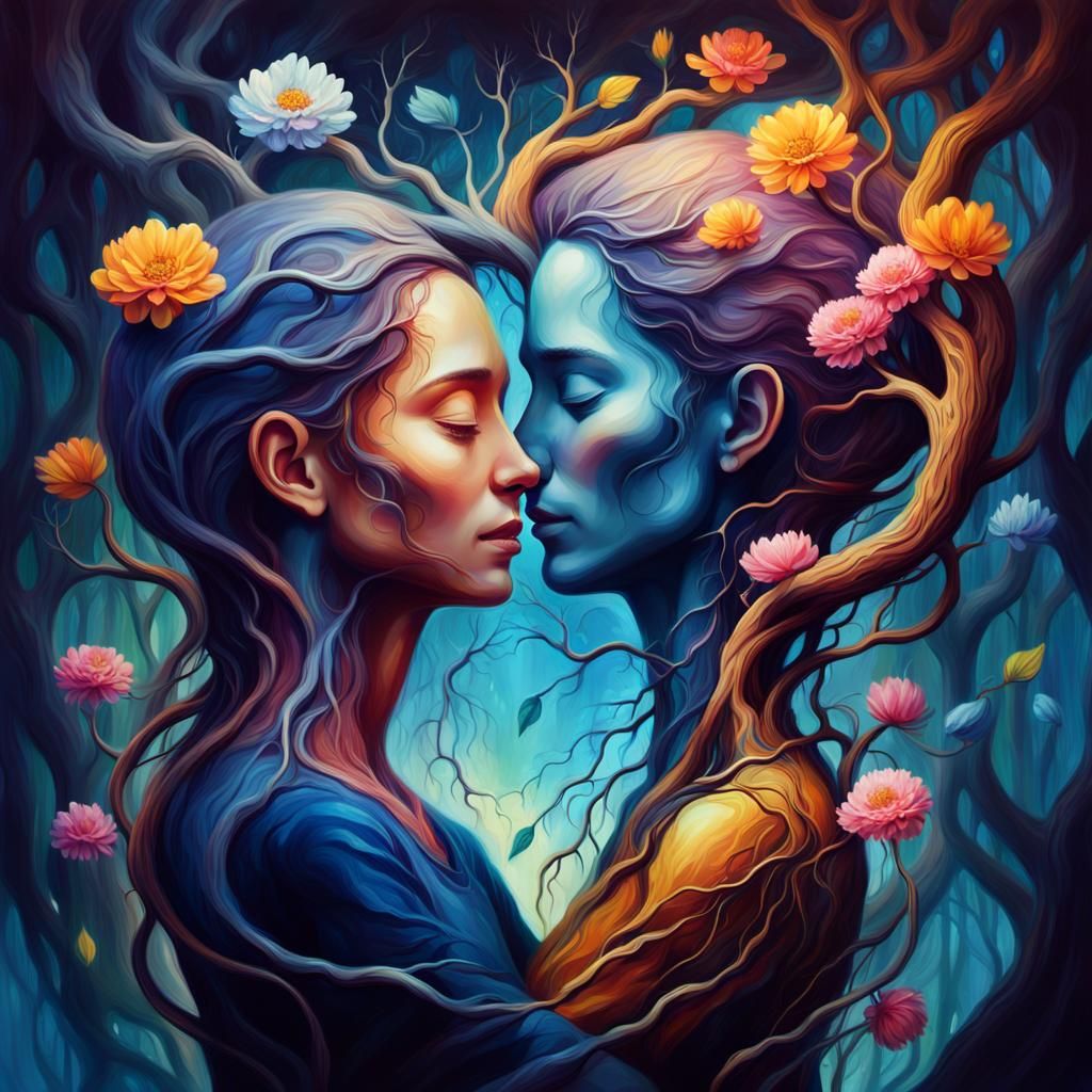Surreal Embrace: Roots of Love in Lush Forest