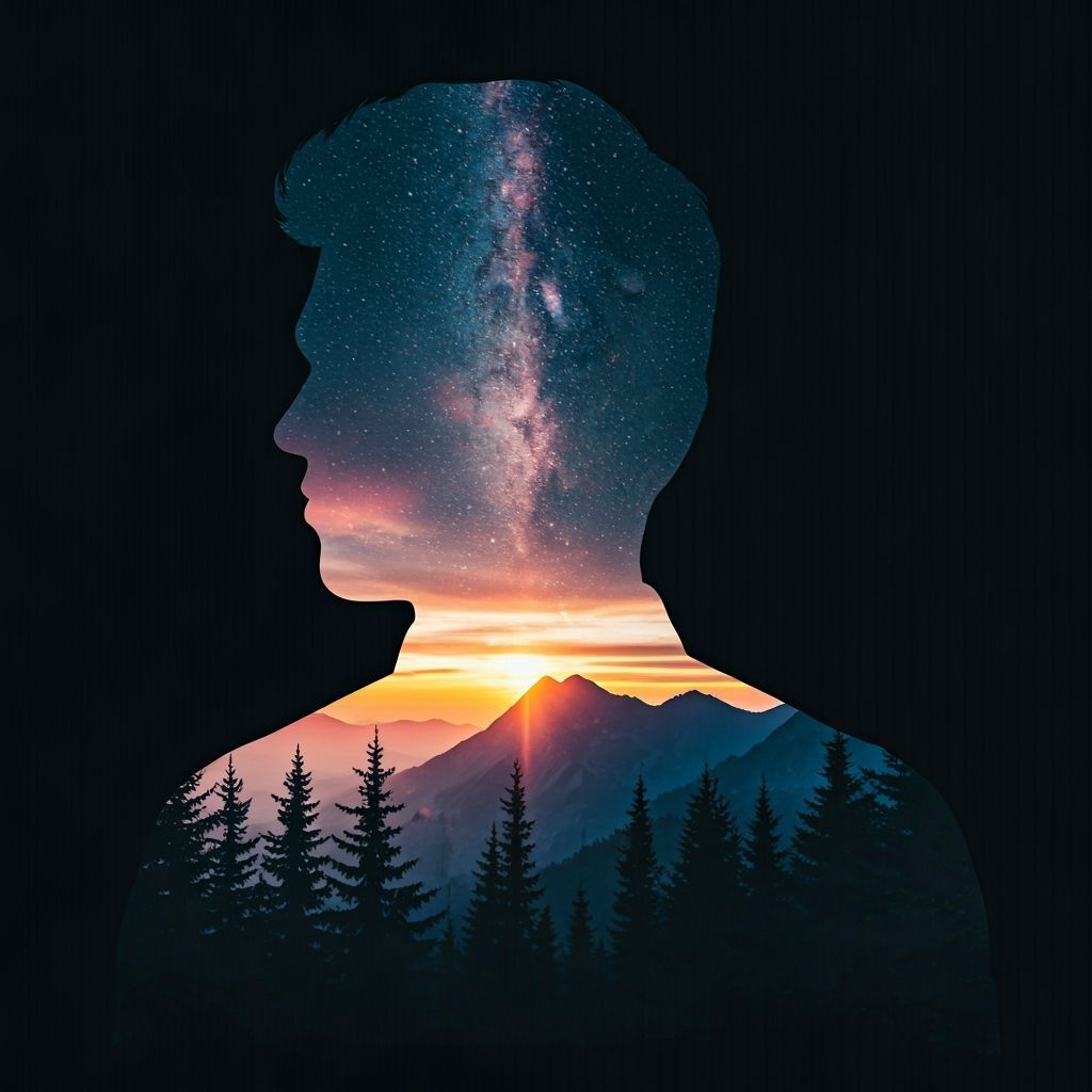 Man's Silhouette Reflects Magical Landscape, Double Exposure...