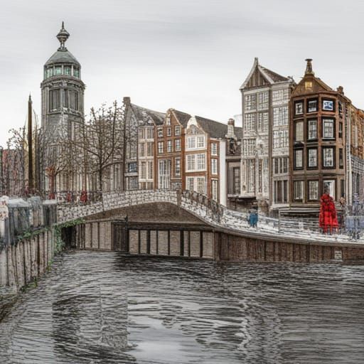Amsterdam Canal Drawbridge in Photorealistic Pencil Drawing