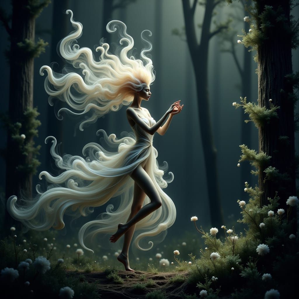 Ethereal Banshee Spirit Roams Moonlit Forest