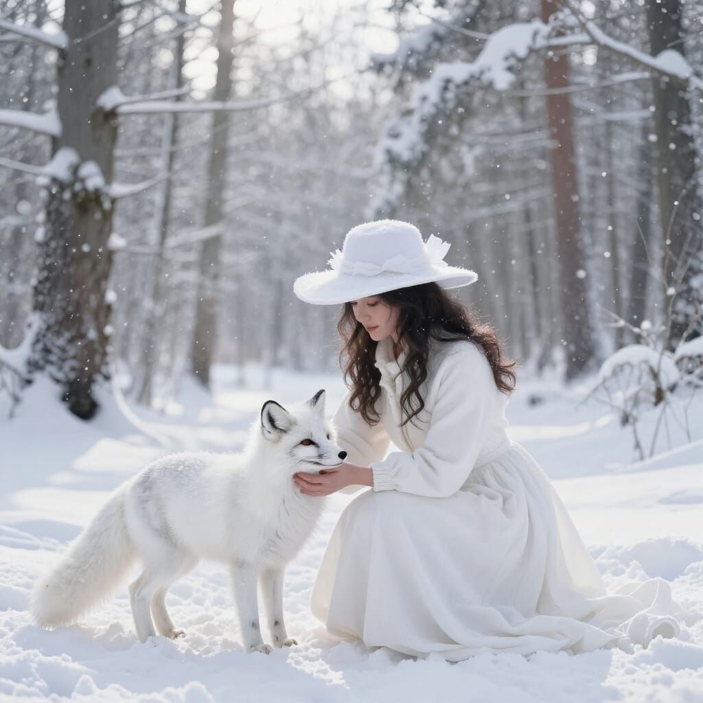 Elegant Woman With Arctic Fox in Ethereal Winter Forest