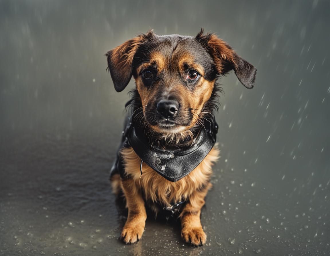 Sad Dog in Rain: Detailed Photographic Portrait