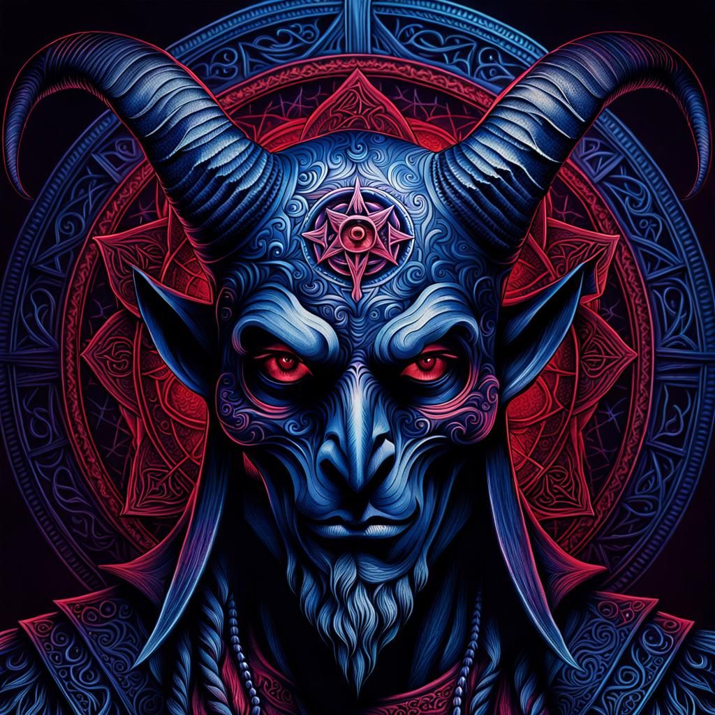 Surrealistic Portrait of a Person Wearing a Baphomet Mask in...