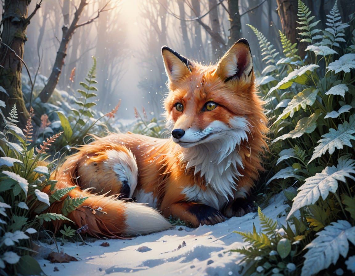 Fox in Winter Snowfall, as Neo-Impressionist Oil Painting