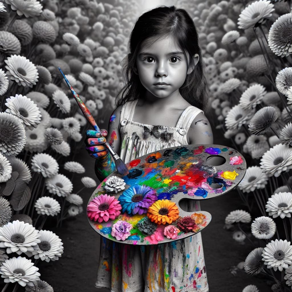 Girl with Colorful Palette in Black and White