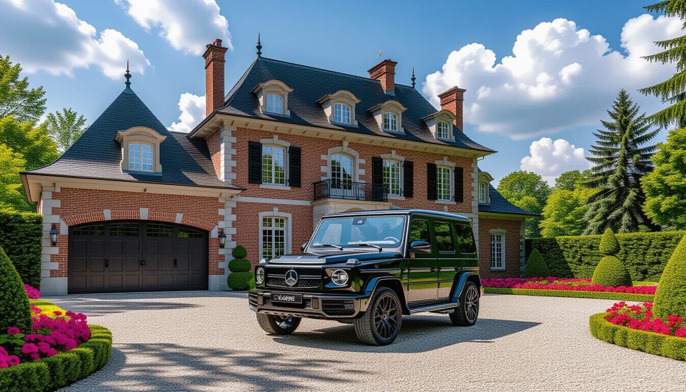 Elegant Chateau with Mercedes AMG G 63 in Vibrant Garden