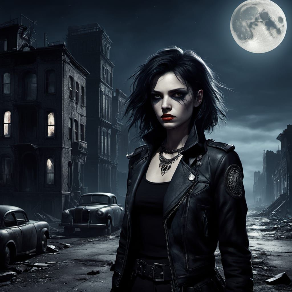 Gothic Punk Lady in Abandoned Street at Night
