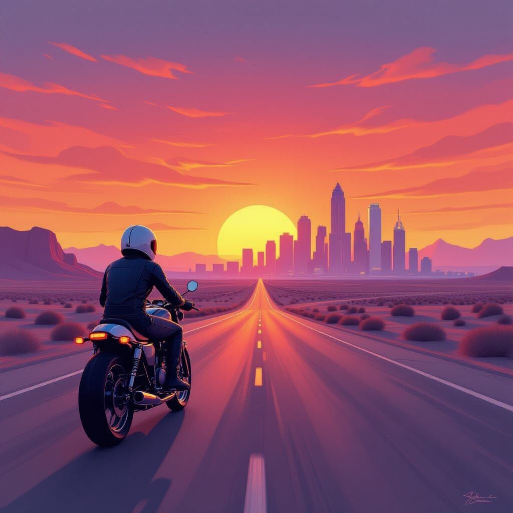 Retro-Futuristic Rider on Desert Highway