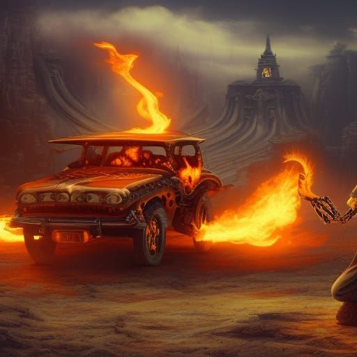 Cowboy Skeleton and Flaming Car: Detailed Matte Painting