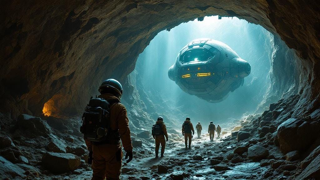 Explorers Discover Alien Shipwreck in Cave, Photorealistic